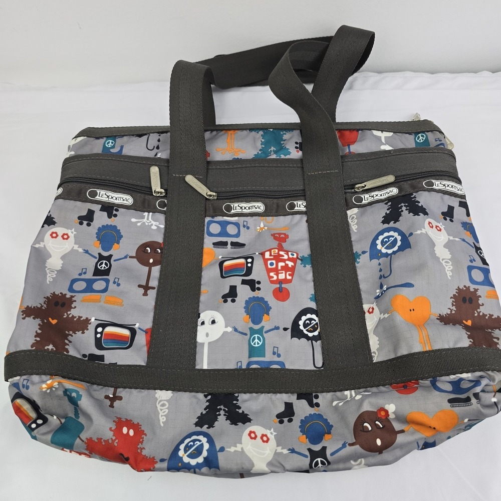LeSportsac Gray Tote Bag Large Capacity Durable Canvas Robot Print
